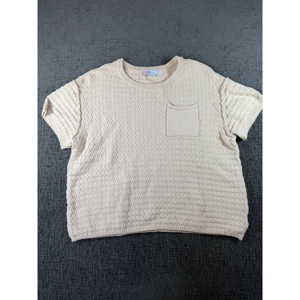 FP Beach Free People Cream Cotton Textured Knit Short Sleeve Pocket Sweater M